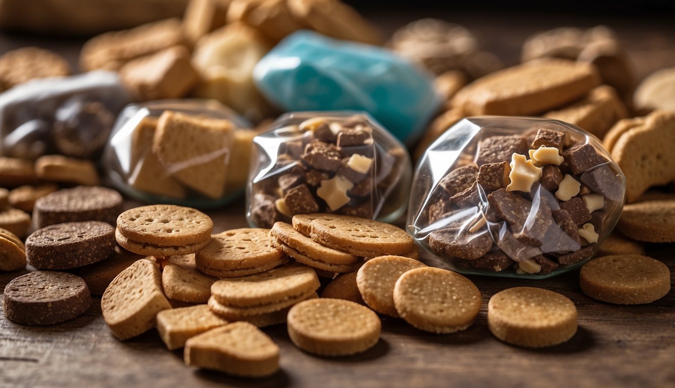 A variety of dog treats scattered on the floor, including small, bite-sized pieces and larger, chewy options. Bright packaging and natural ingredients are visible