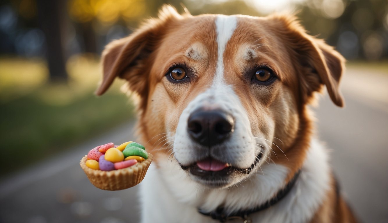 A happy dog sits attentively, eagerly looking at a hand holding a treat. The treat is small and colorful, enticing the dog to focus and obey commands