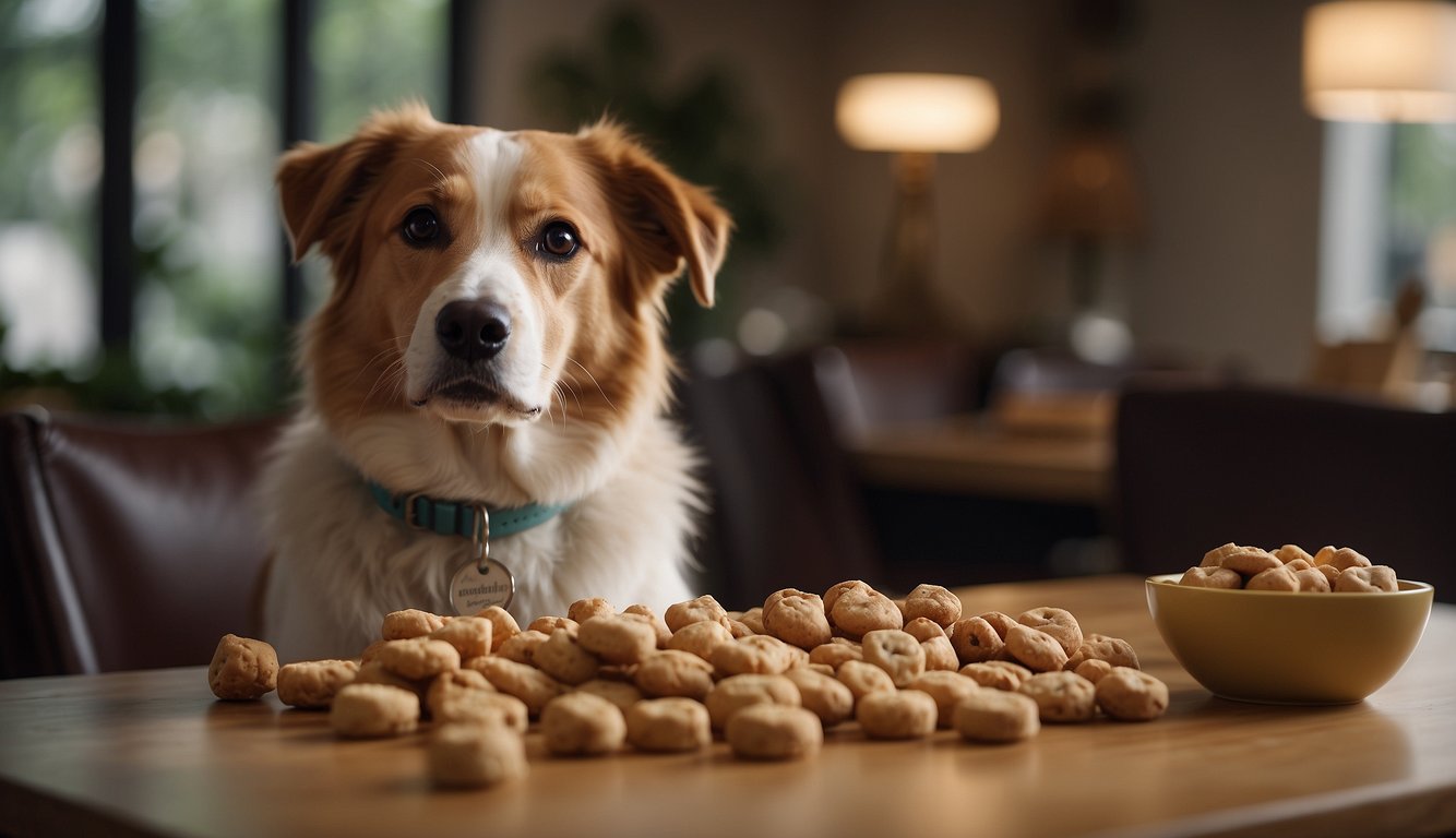 A dog sniffs various treat options on a table, with labels indicating "training treats" and ingredients. The dog appears eager and engaged