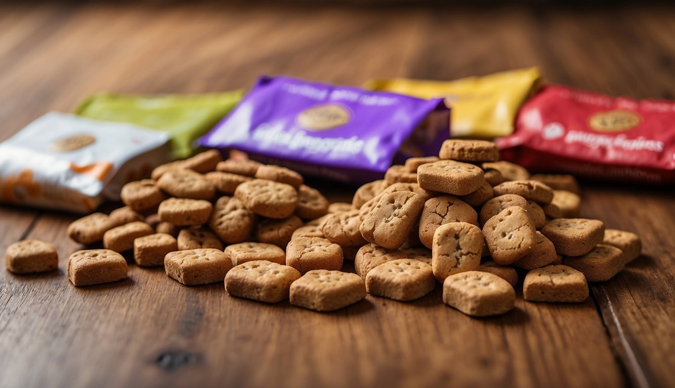 A variety of dog treats scattered on a clean, wooden floor, with colorful packaging and different shapes and sizes