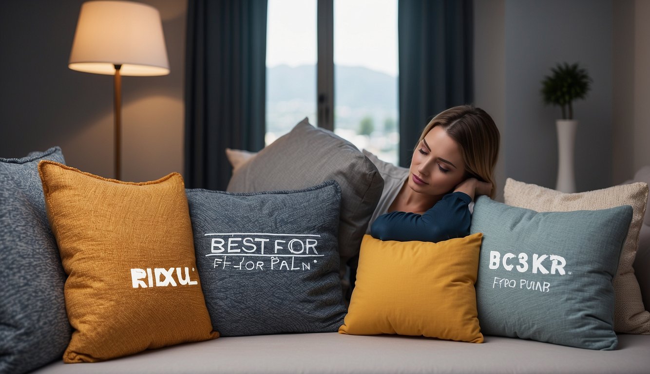 A person comparing different pillows, one labeled "best for neck pain."