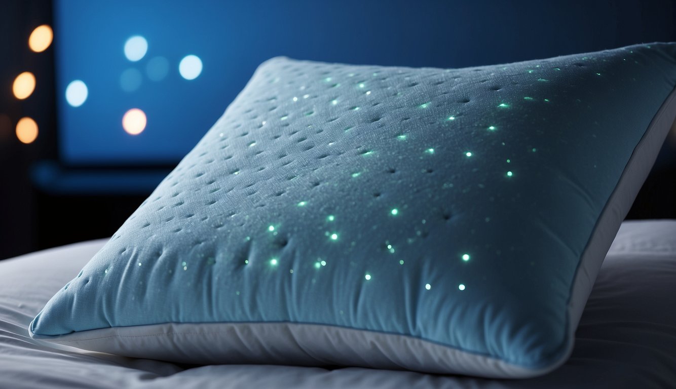 A pillow with ergonomic design and memory foam filling, surrounded by calming blue light and sleep-inducing aromatherapy