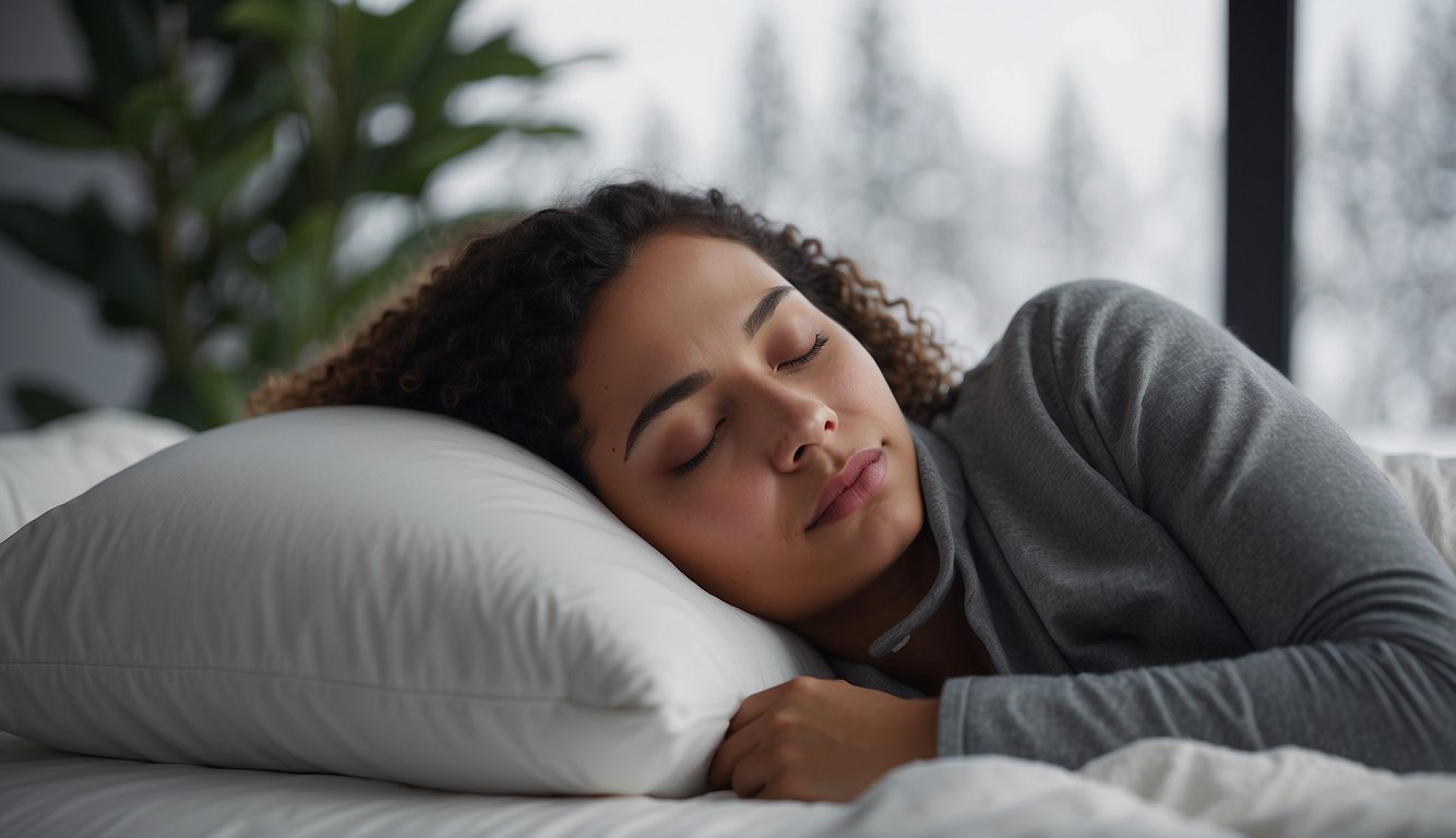 A person sleeping peacefully on a Snowehome Pillow, with a relaxed expression and no signs of neck pain. The pillow is supportive and comfortable, providing relief for the sleeper