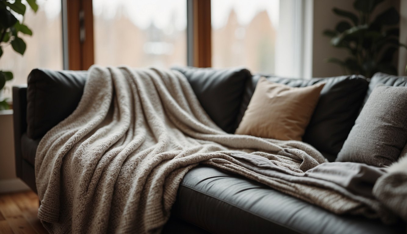 A cozy living room with a large, soft throw blanket draped over a comfy sofa