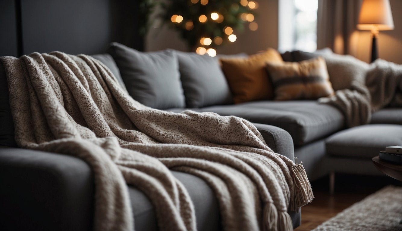 A cozy living room with a small throw blanket draped over a large sofa, emphasizing the significance of size in throw blankets