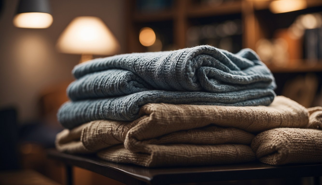 A person reaching for a throw blanket on a shelf, comparing sizes