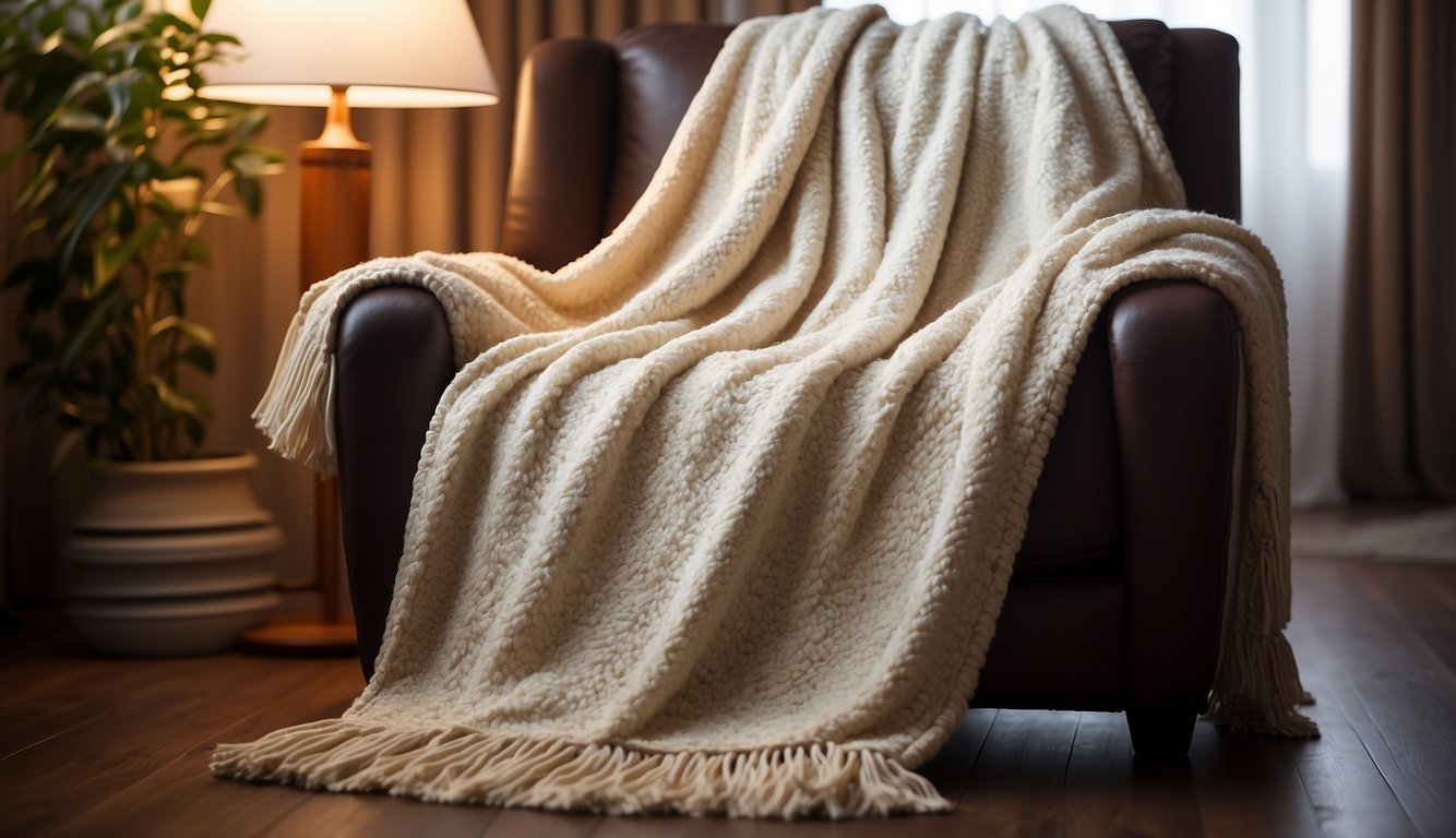 A cozy throw blanket, 50x60 inches, drapes over a plush armchair. The fabric's texture is woven with a mix of soft fibers, creating a warm and inviting feel