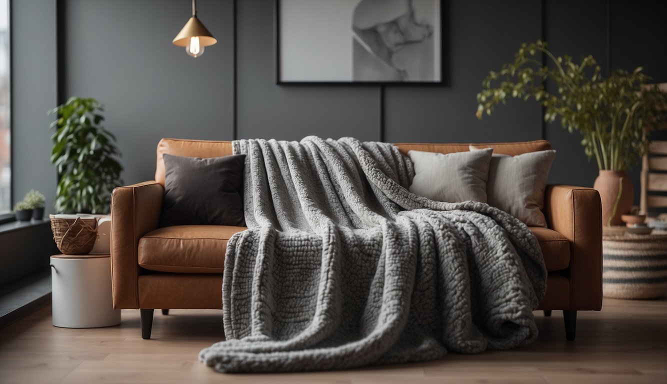 A cozy living room with a stylish throw blanket draped over a modern sofa, adding warmth and texture to the space