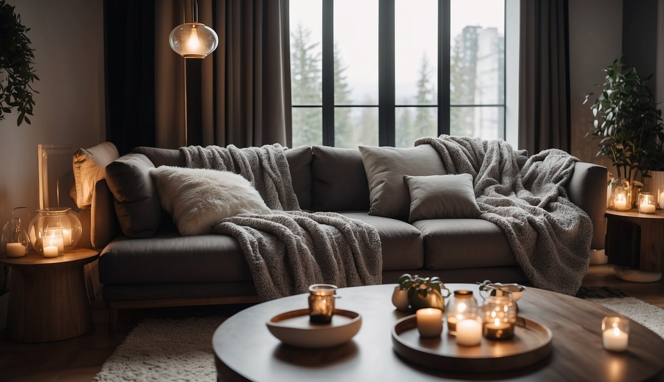 A cozy living room with a plush throw blanket draped over a modern sofa, surrounded by elegant decor and soft lighting