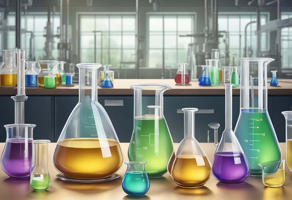 A beaker containing acetyl naphthalene sits on a lab bench, surrounded by glassware and scientific equipment