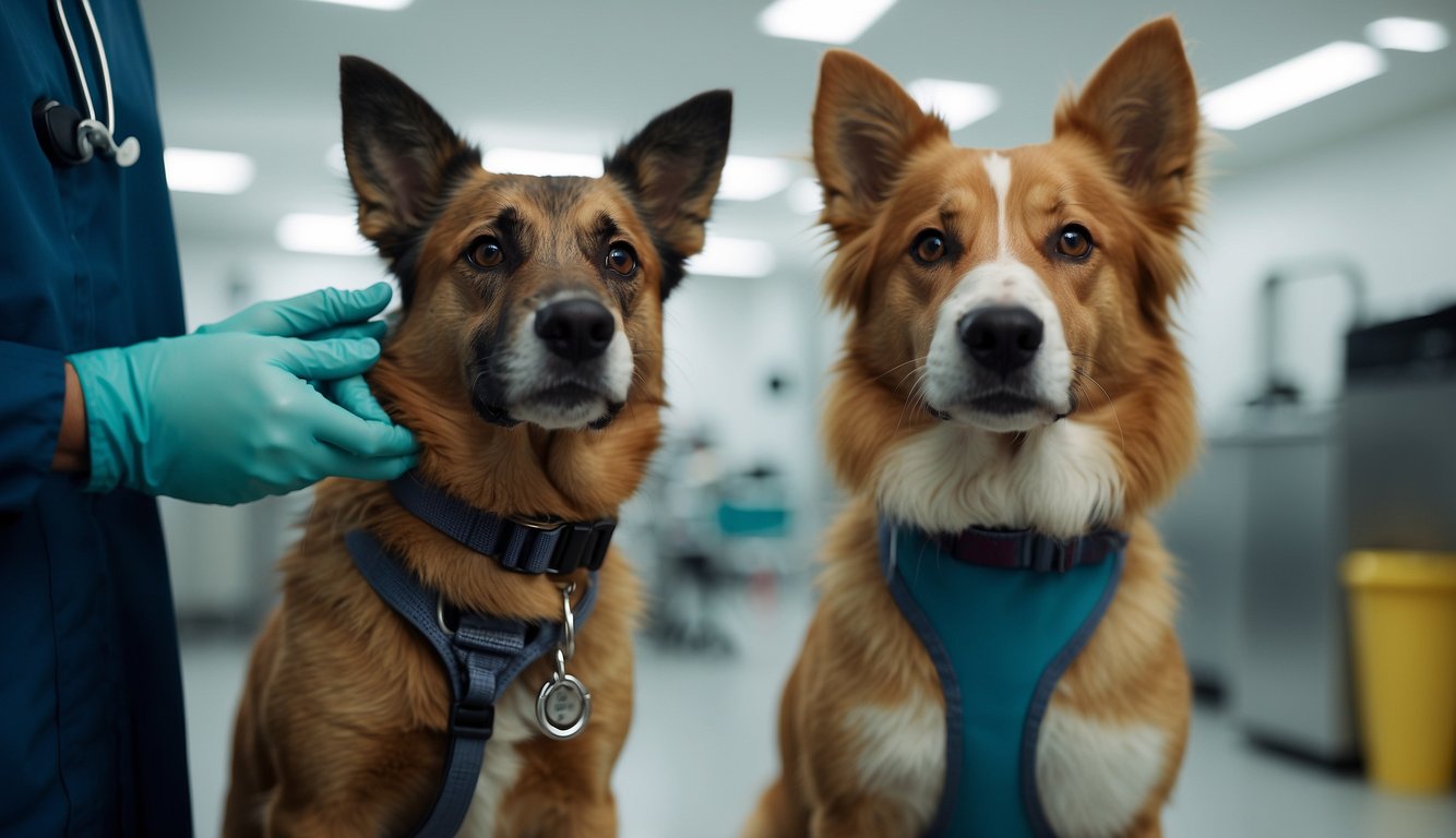 Preparing dog for vet check: Dog standing calmly, tail wagging. Owner gently holds dog's collar, speaking softly. Vet equipment in background