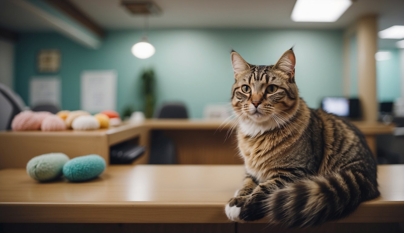 A cat hospital reception area with cozy seating, colorful cat toys, and a friendly receptionist behind the desk