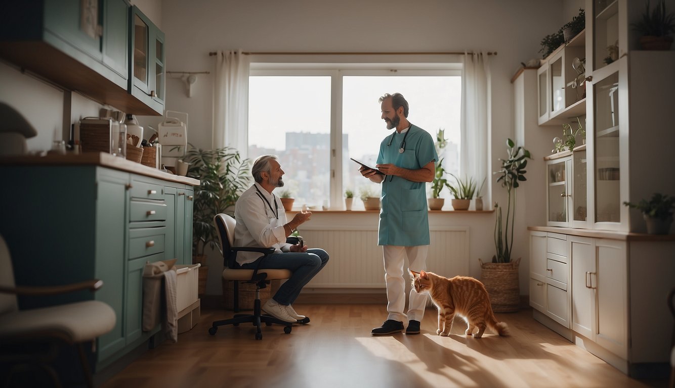 A cat owner and a veterinarian discussing cat care in a cozy clinic room with cat-friendly decor and a calming atmosphere