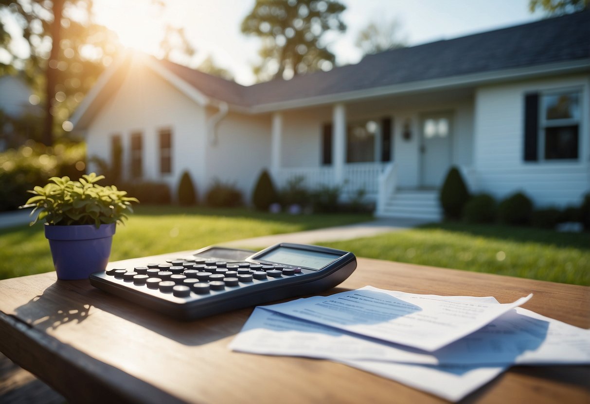 A house with a "For Sale" sign in the front yard, a stack of papers on a table, and a calculator with financial documents spread out