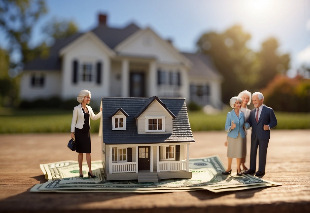 A house with a "For Sale" sign, a smiling elderly couple, and a stack of money representing released equity