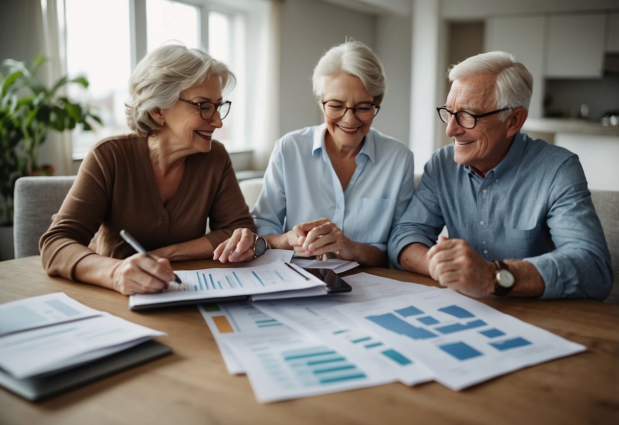 A cozy living room with a smiling elderly couple discussing equity release with a financial advisor. Documents and charts are spread out on the table