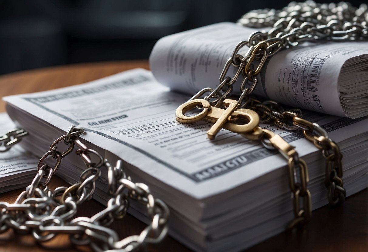 A stack of financial documents and tax forms interlocked with chains, symbolizing cross securitisation