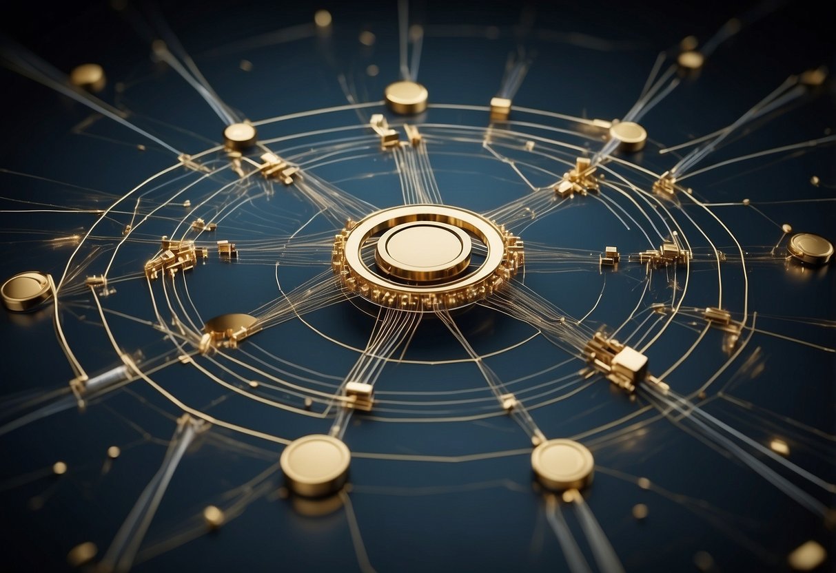 A web of interconnected financial assets, represented by overlapping circles and lines, illustrating the concept of cross securitisation in real-life applications