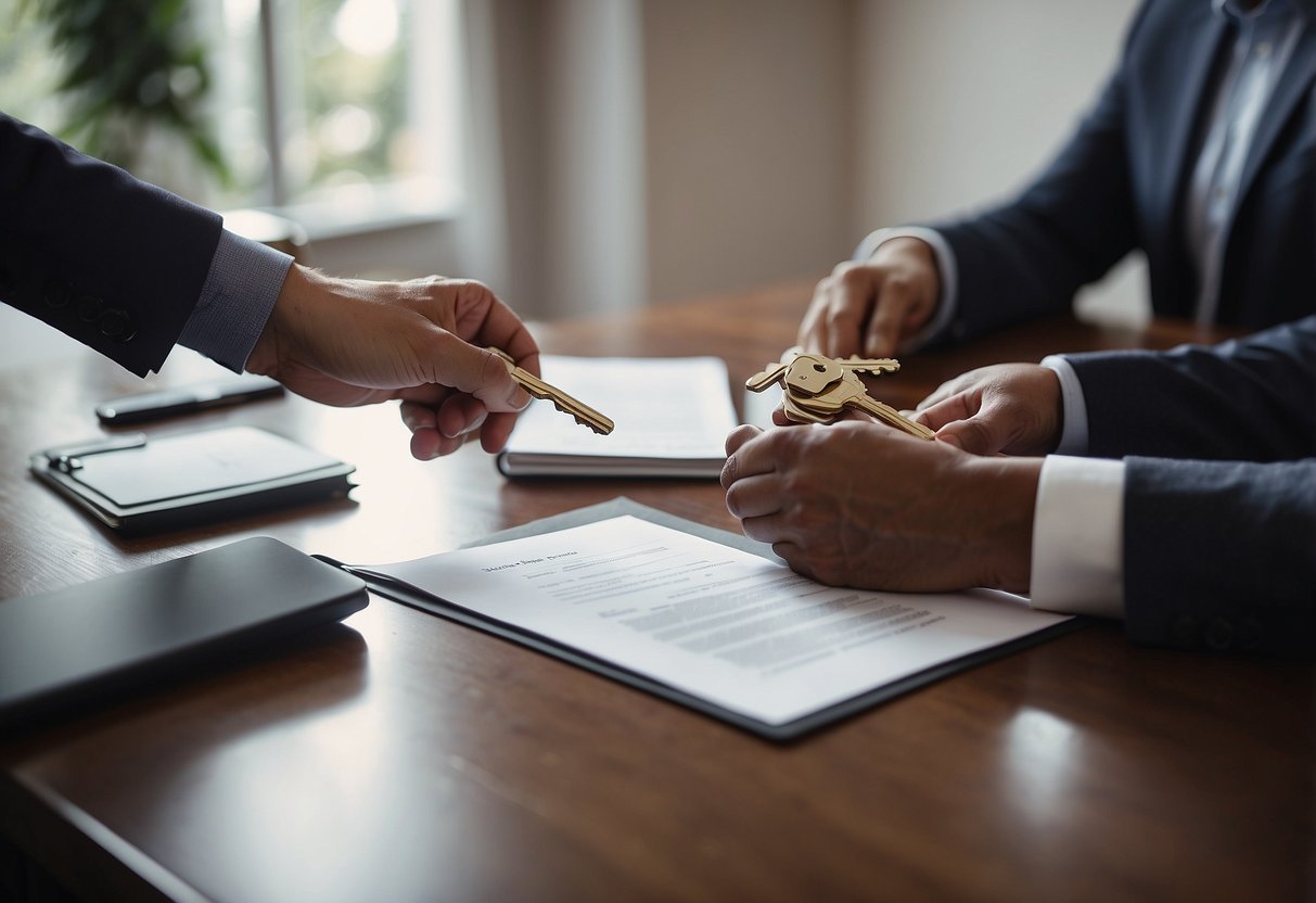 A couple signing paperwork for a new house, real estate agent handing over keys