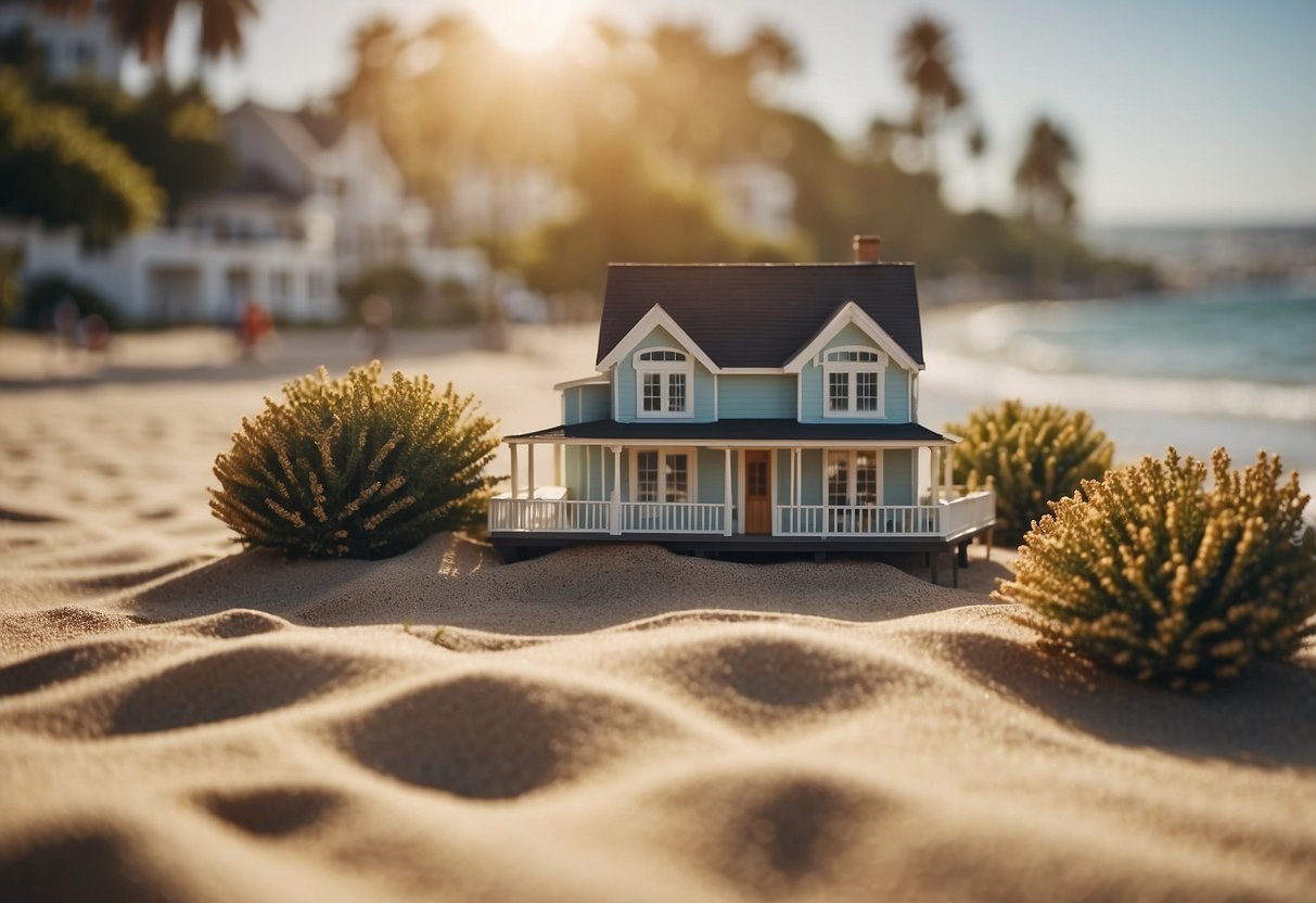 A sunny beach with a charming house, a "For Sale" sign, and a couple discussing with a real estate agent