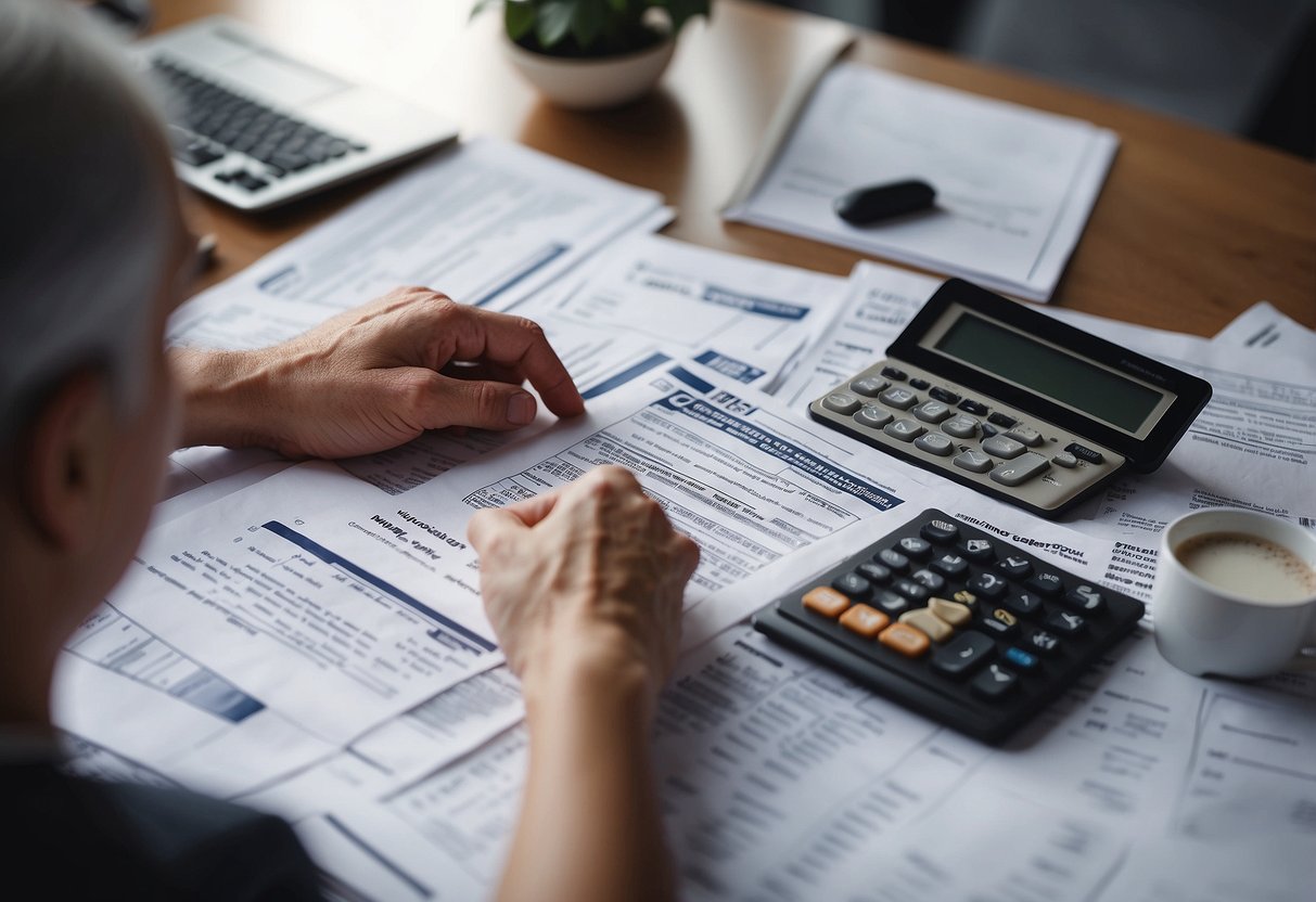 A person reviewing documents with a calculator, surrounded by real estate listings and tax forms