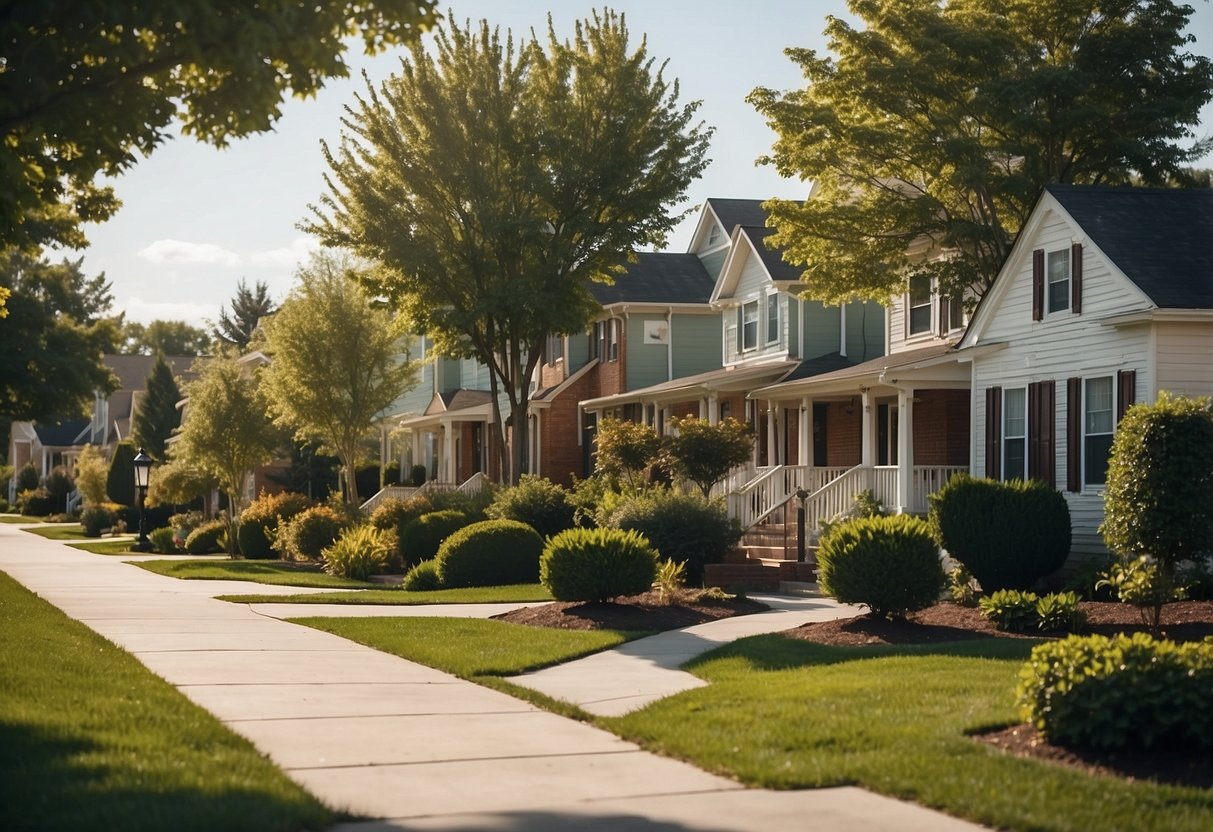 A serene suburban neighborhood with well-maintained homes, green spaces, and easy access to amenities like schools and shopping centers