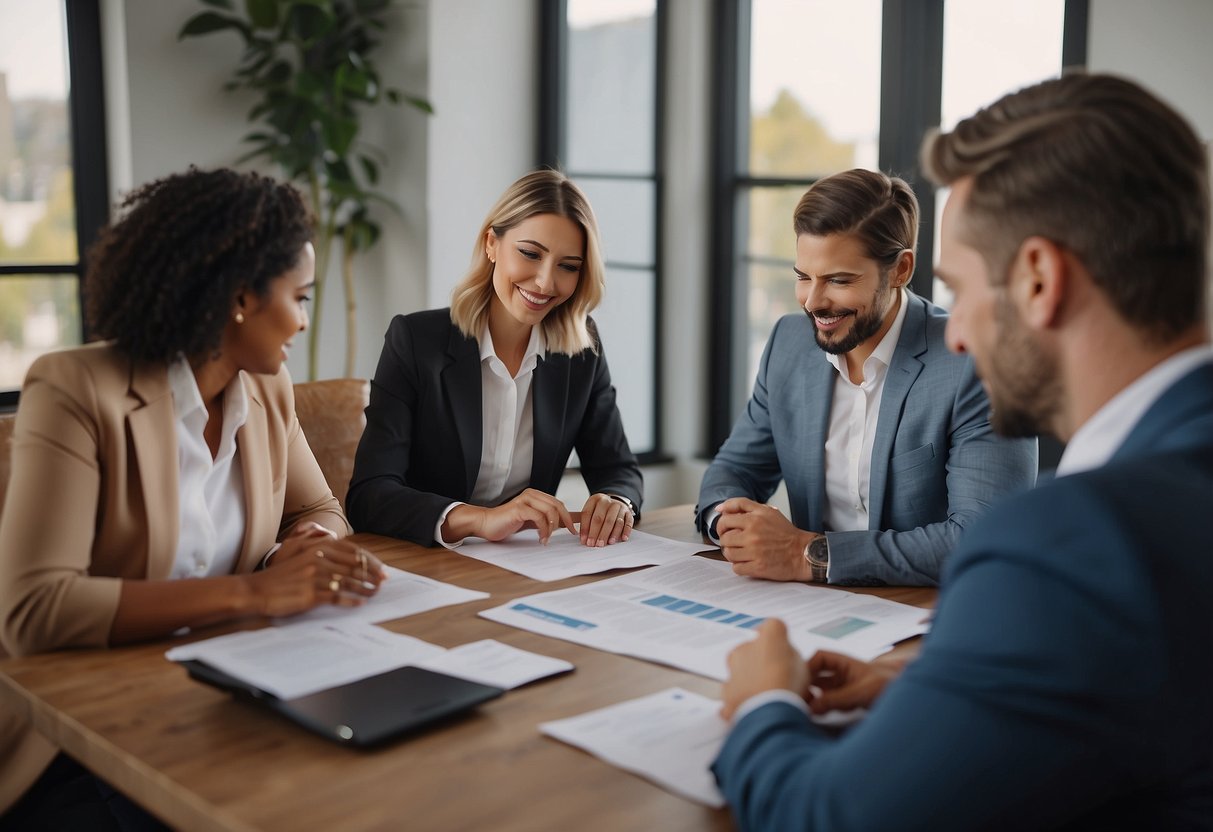 A couple sits at a table, surrounded by real estate agents and mortgage brokers. They are reviewing documents and discussing options for purchasing a second home