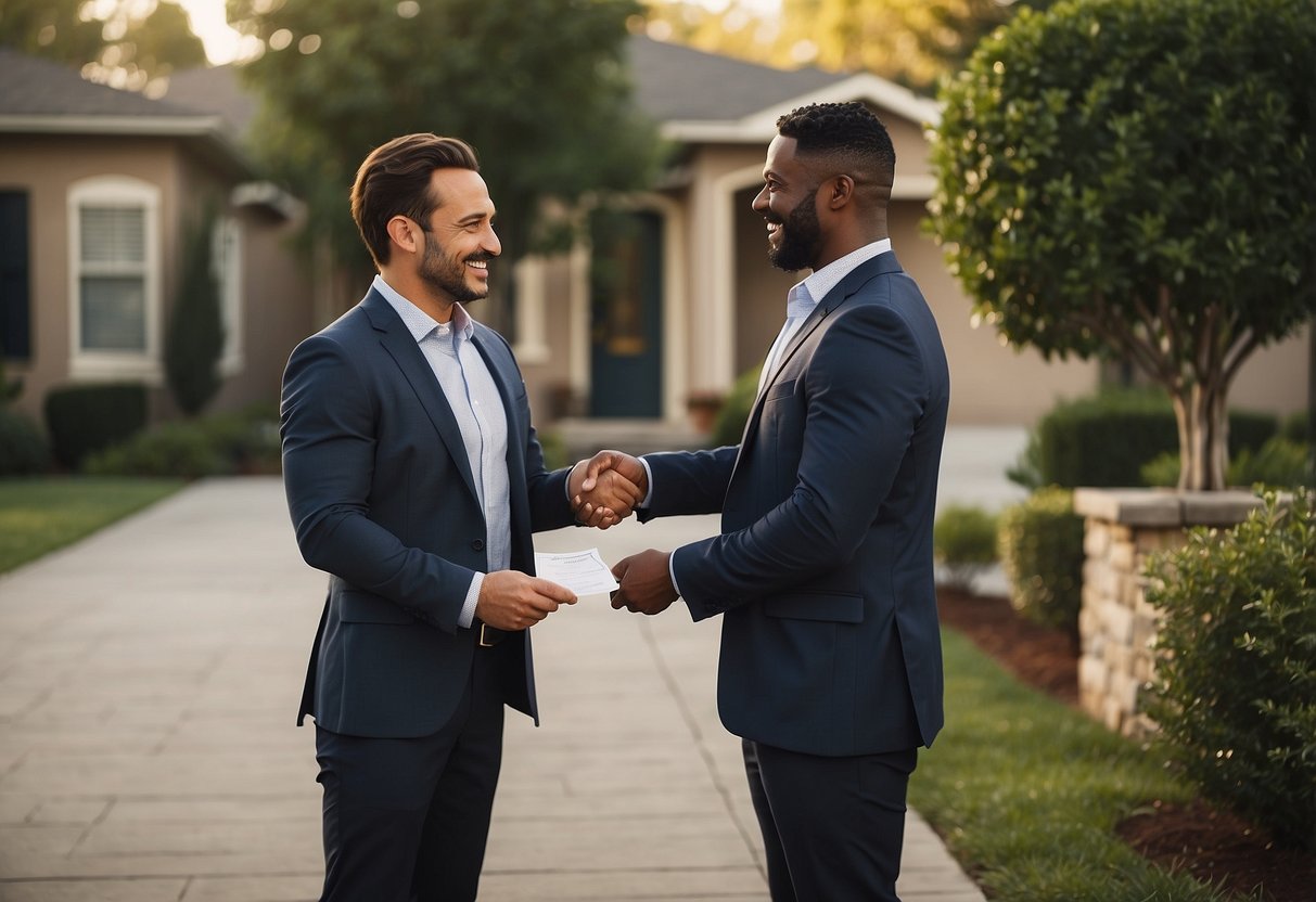 A real estate agent receives a check for their buyer's agent fee from a satisfied client. The check is being handed over with a smile