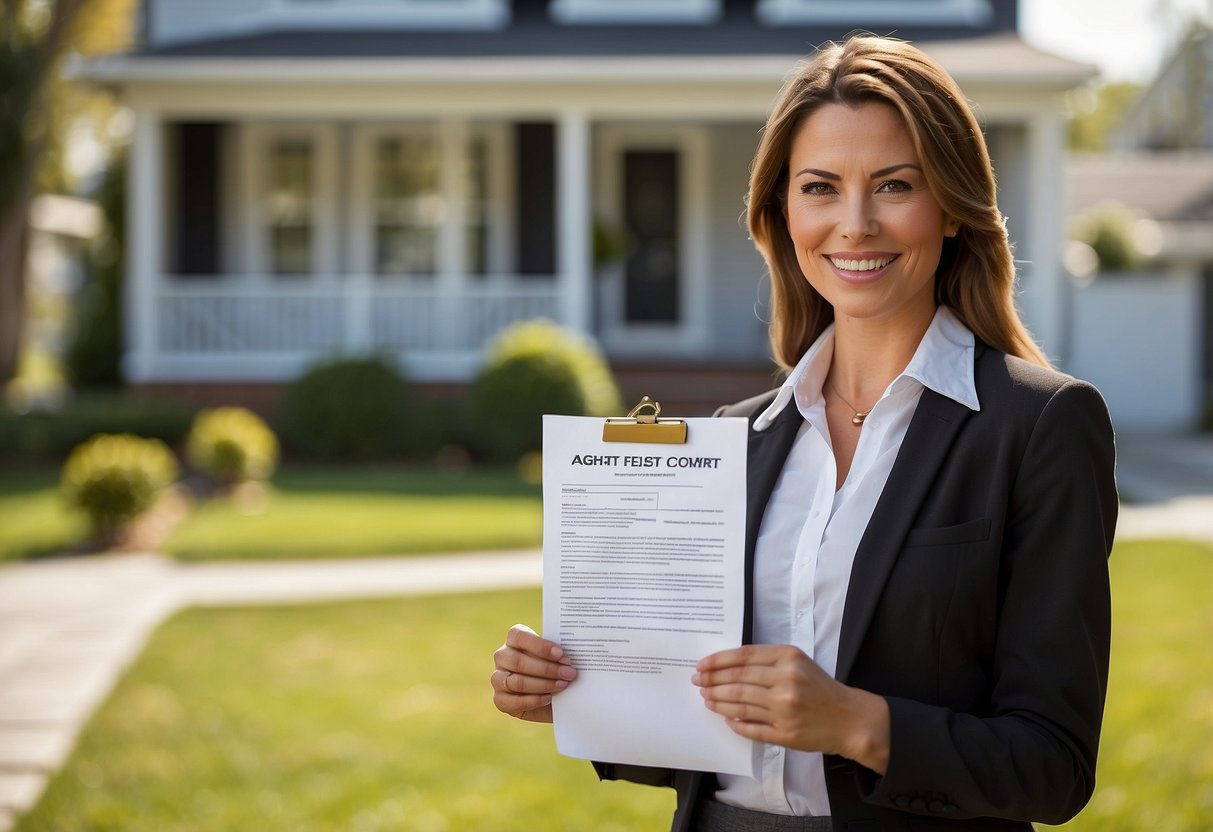 A buyer's agent holds a contract, with a fee section highlighted. A home is shown in the background, symbolizing the property search