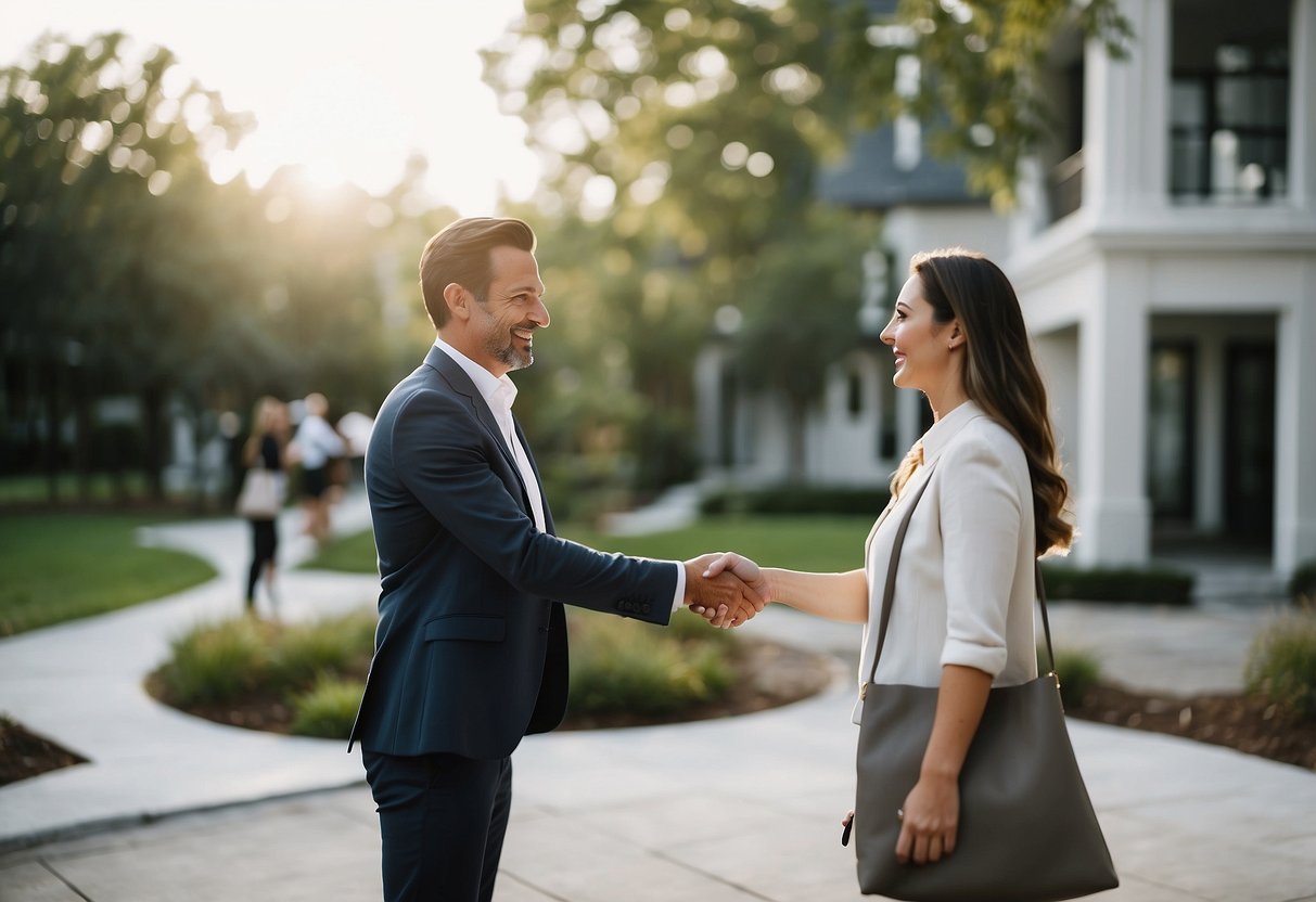 A real estate agent greeting a client with a handshake, while discussing service expectations and buyer's agent fee