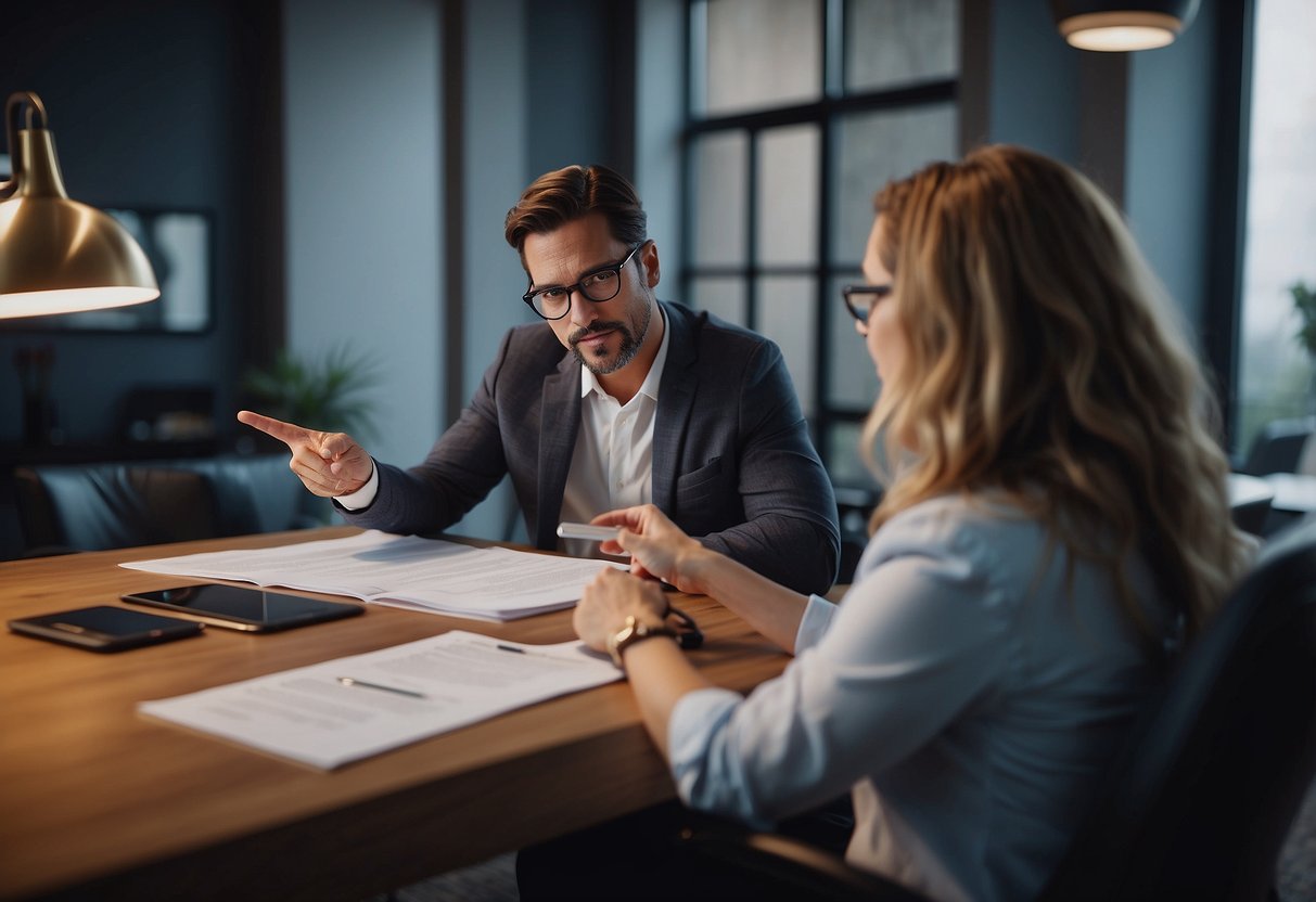 A buyer's agent discusses fees with a client, pointing to a contract. The client nods, showing agreement