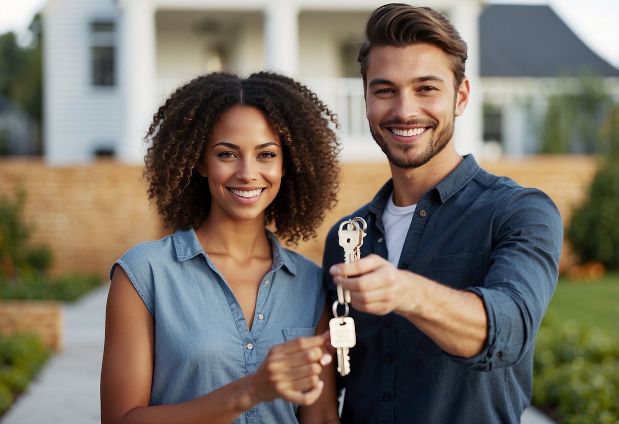 A young couple happily receiving keys to their new home under a "First Home Buyer Scheme" banner