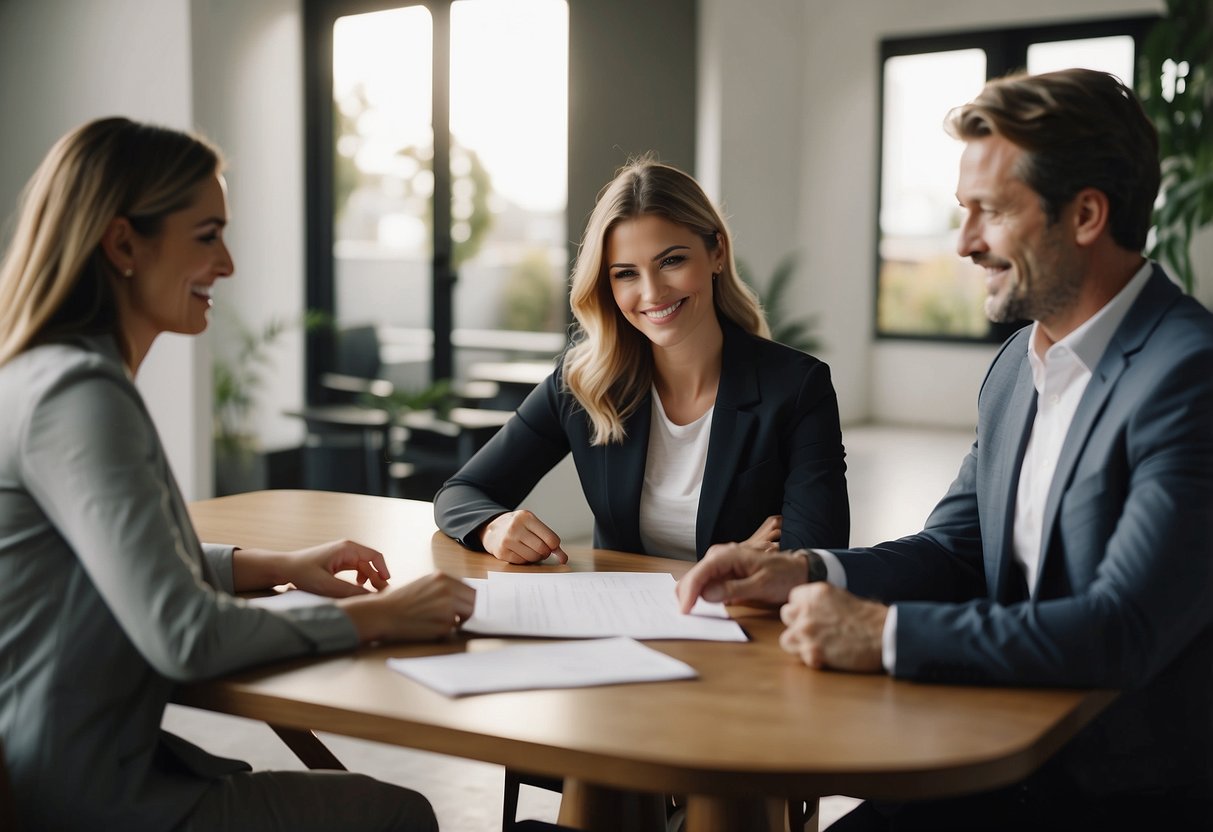 A family submits paperwork and meets with a real estate agent to discuss the first home buyer scheme in Australia