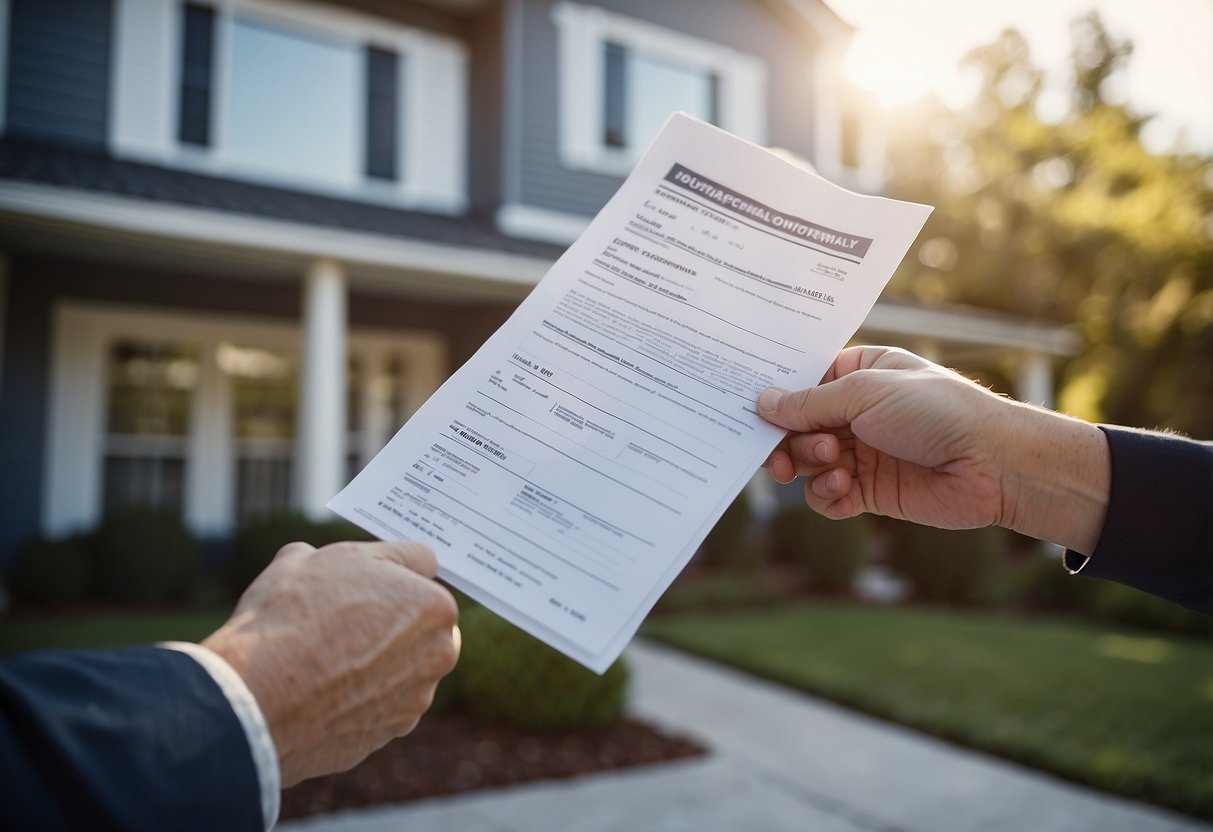 A new homeowner receives support documents and keys from a real estate agent in front of their new house