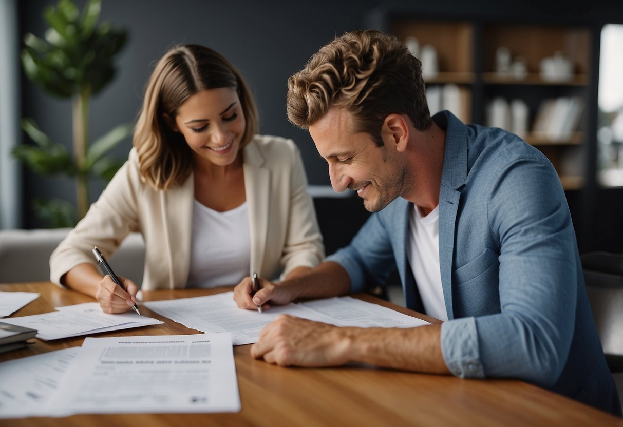 A young couple signing paperwork in a real estate office, surrounded by brochures and information about first home buyer schemes in Australia