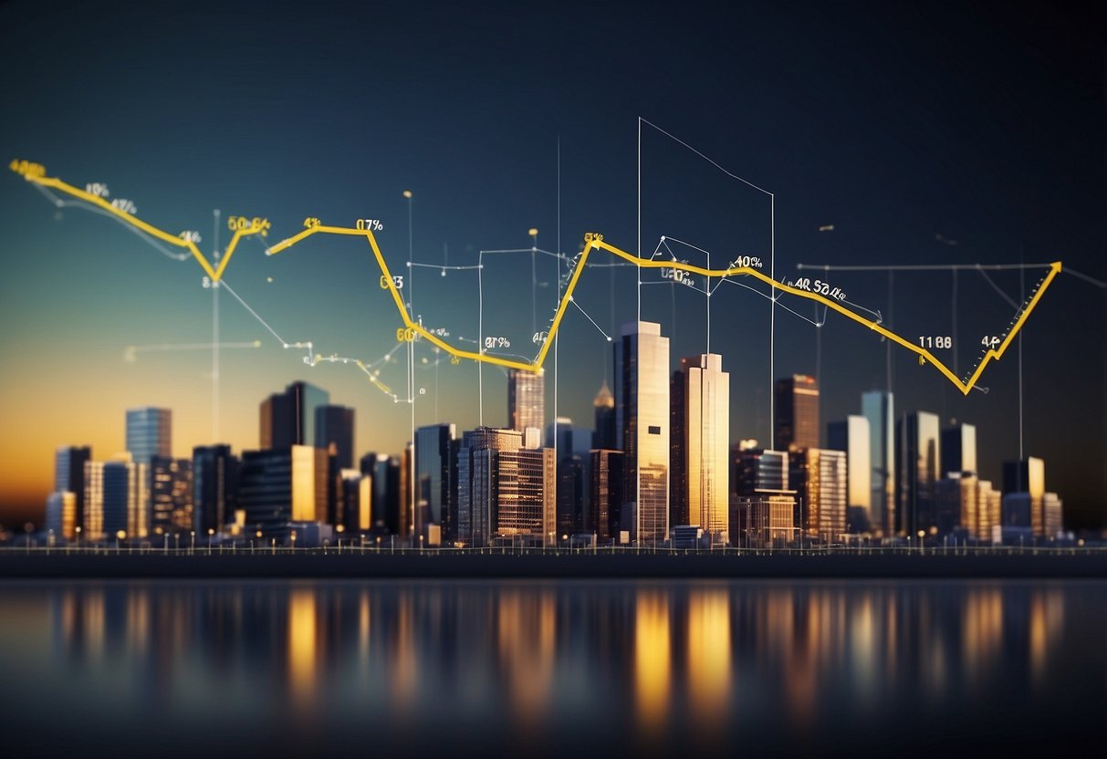 A graph showing housing market fluctuations in response to interest rate changes. Trend lines showing impact on housing prices and sales