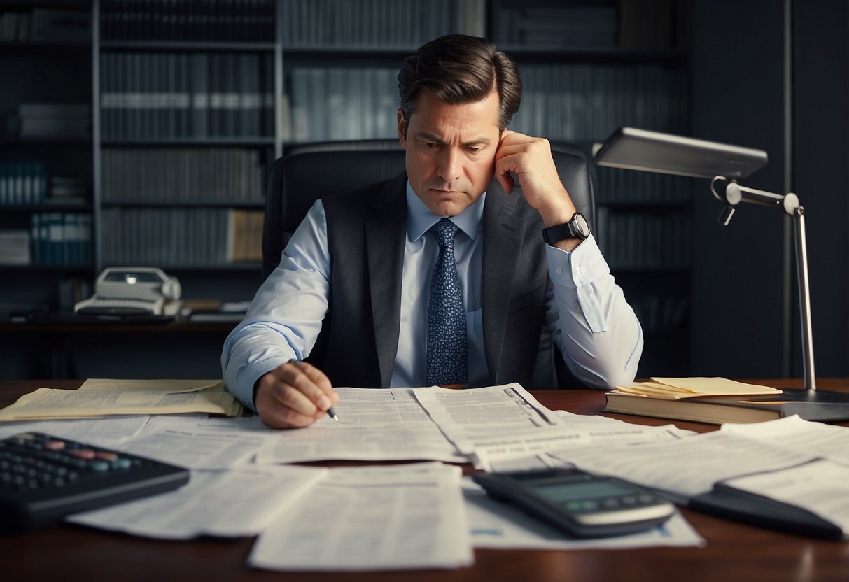 A person sits at a desk, surrounded by financial documents and a calculator. They are deep in thought, pondering the timing of interest rate changes