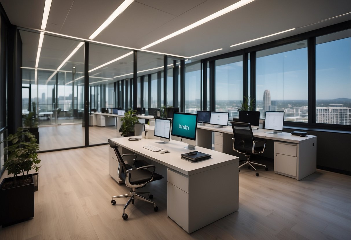 A modern office with a sleek desk, computer, and phone. Company logo displayed prominently. Clean and professional atmosphere