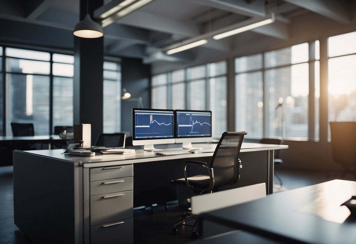 A modern office setting with a desk, computer, and paperwork, symbolizing the process of applying for company home loans