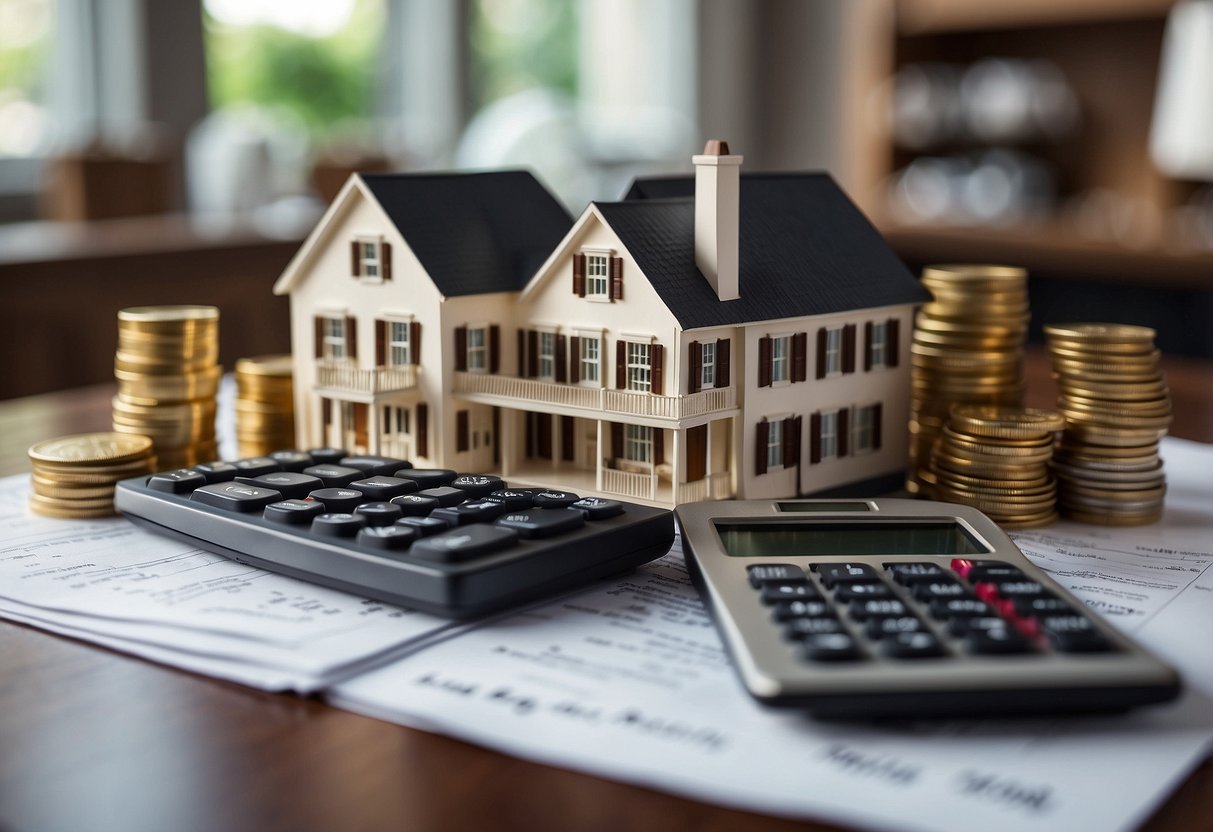 A house surrounded by dollar signs, with a large calculator and paperwork indicating loan costs and additional charges