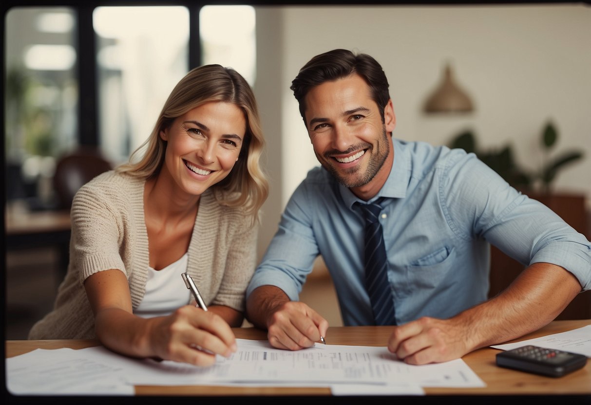 A smiling family receives a thumbs-up from a loan officer, while a "Approved" stamp is pressed onto a document