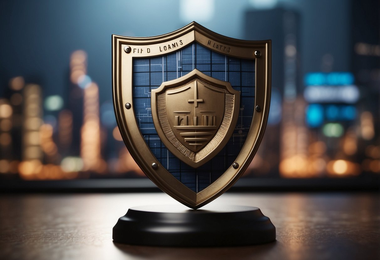 A company logo on a sturdy shield, surrounded by financial charts and graphs, with a protective barrier symbolizing risk management for home loans