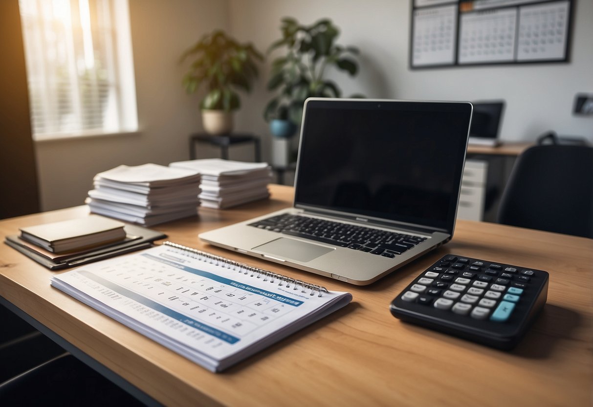 A modern office desk with a laptop, calculator, and paperwork. A wall calendar and a stack of financial books are visible in the background