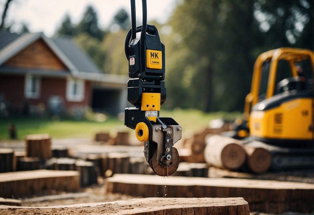 A house being lifted by hydraulic jacks, with old stumps being replaced by new ones. Workers measuring, cutting, and installing timber stumps