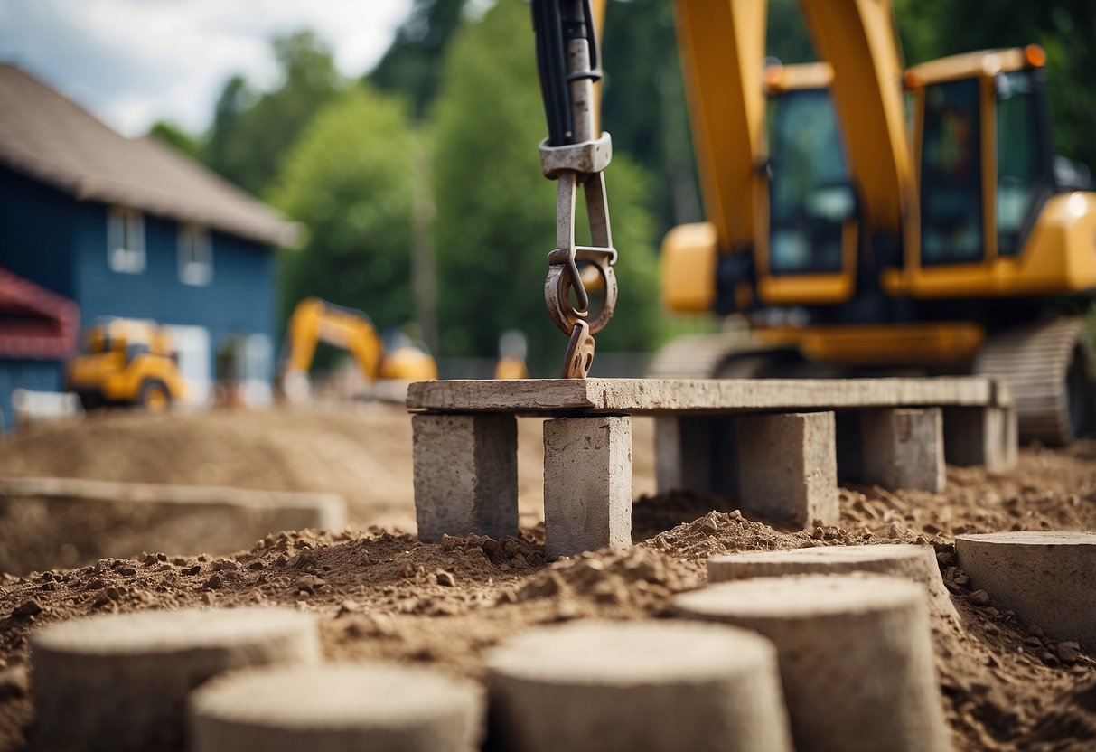 A house with a foundation being lifted and supported by steel or concrete stumps to depict restumping cost