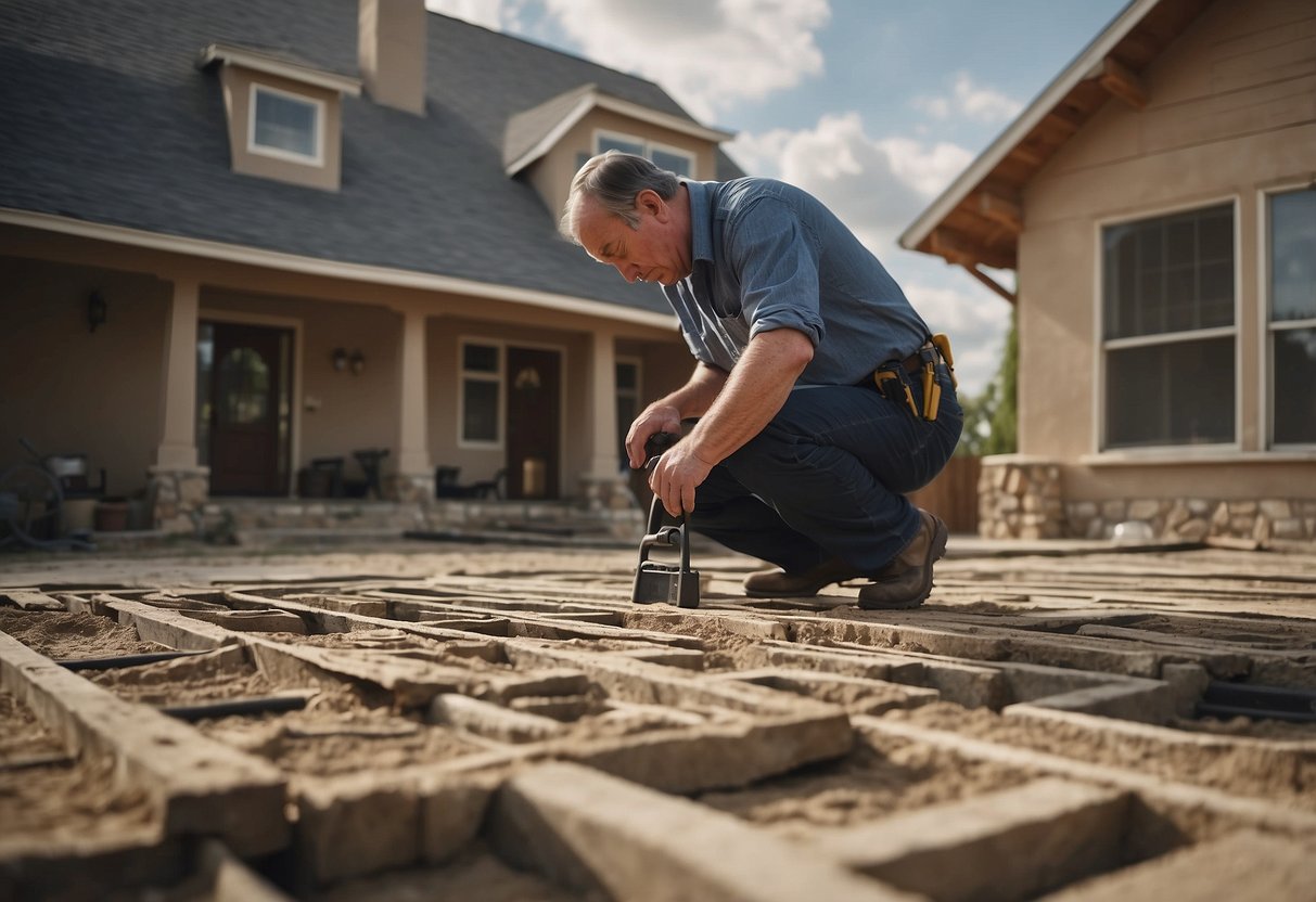 A house with uneven foundation, cracked walls, and sagging floors. A contractor measuring and inspecting the structure. Materials and equipment nearby