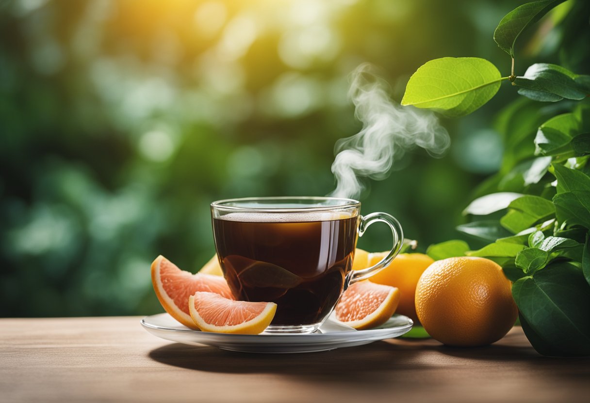 A serene morning landscape with a steaming cup of detox tea placed on a wooden table, surrounded by fresh fruits and greenery