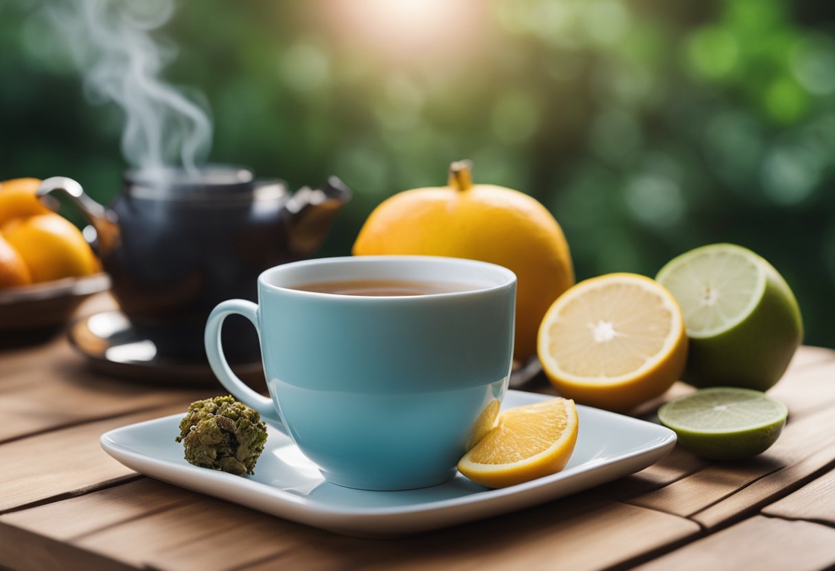 A serene morning scene with a steaming cup of detox tea on a wooden table, surrounded by fresh fruits and a yoga mat in the background