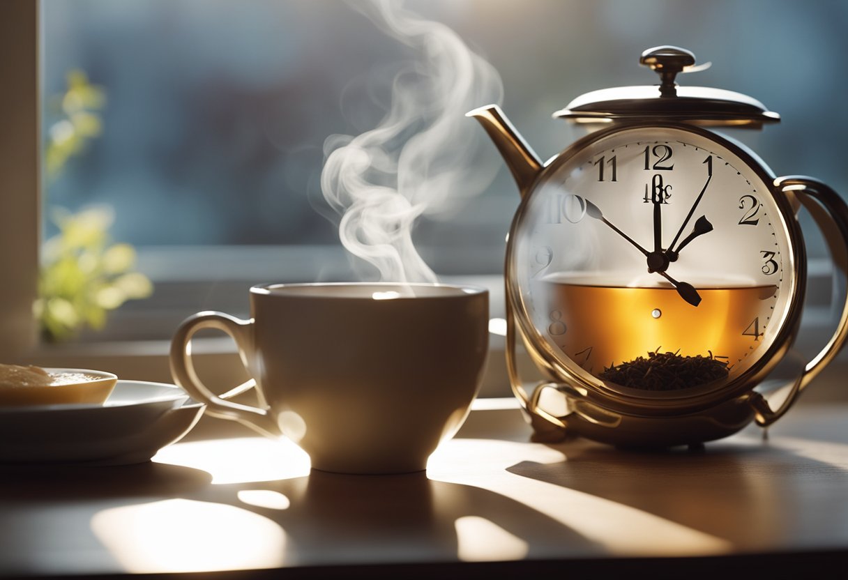 A steaming cup of detox tea sits on a table next to a clock showing the optimal time for consumption. The room is serene and peaceful, with natural light streaming in through the window