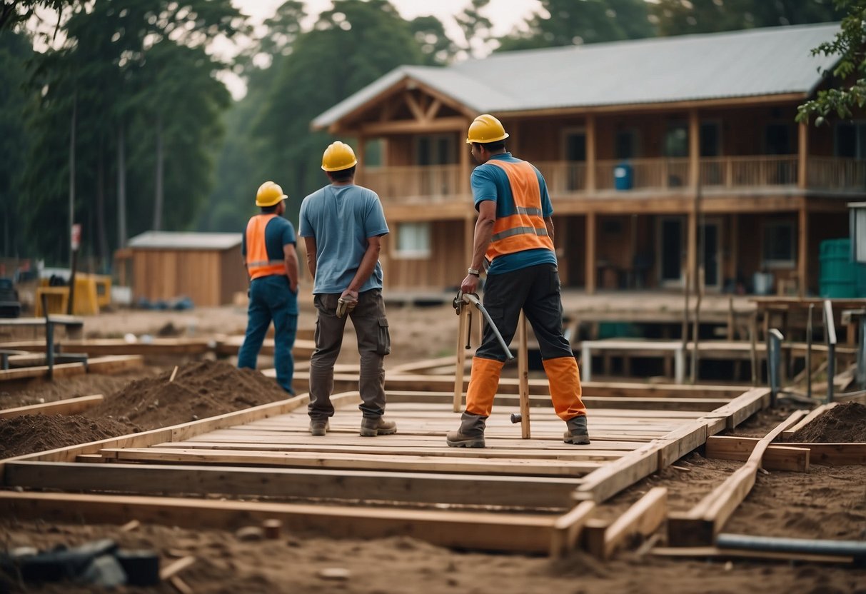 The house stands on stilts, with workers measuring and assessing the foundation. A budget spreadsheet and cost estimates are displayed nearby